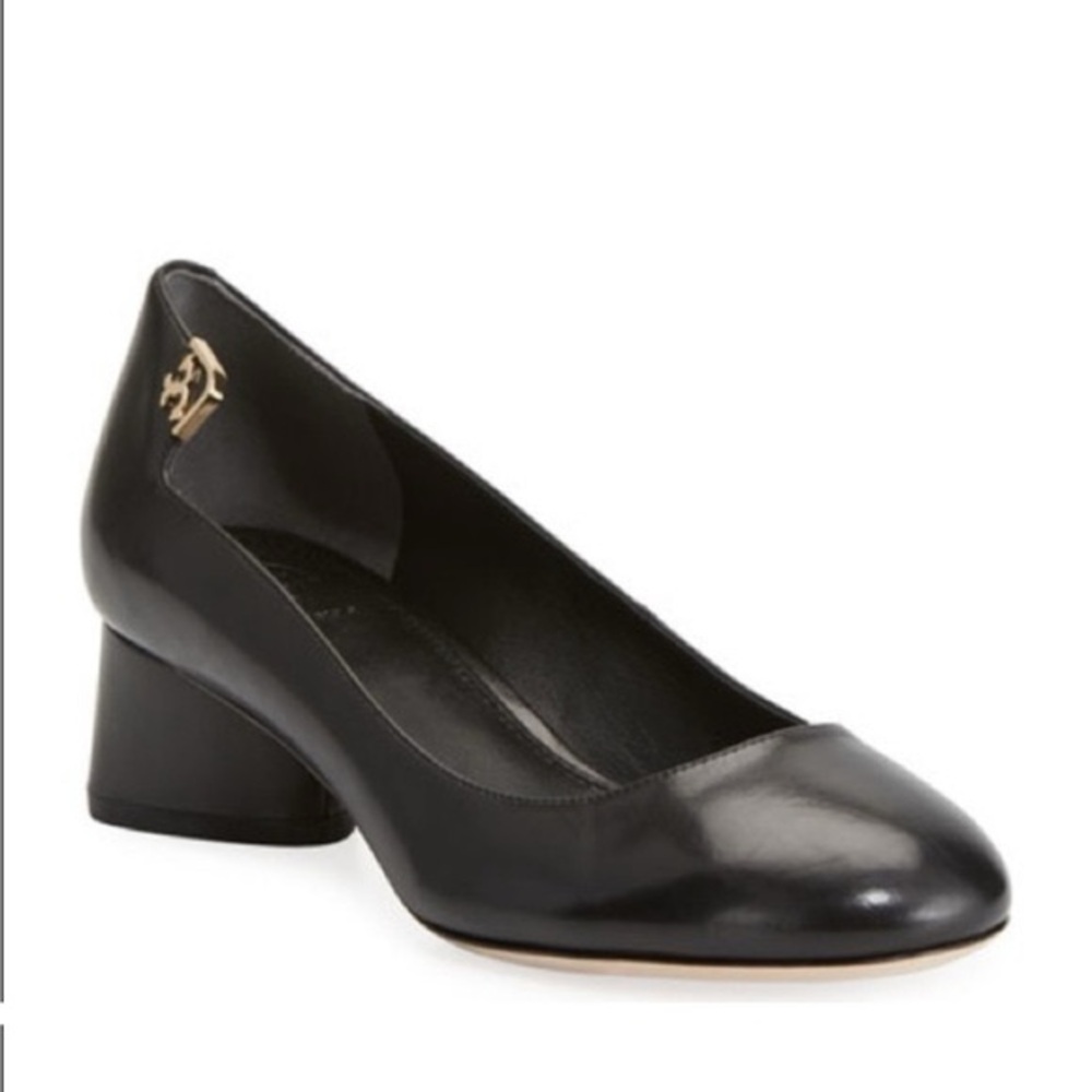 Tory Burch Black Leather Round-Toe Ballet Flats with Gold Logo Accent